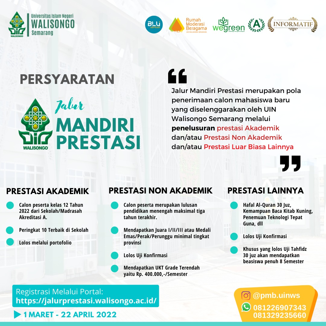 Jalur Mandiri Prestasi Dibuka, Masuk UIN Walisongo Tanpa Tes Tulis