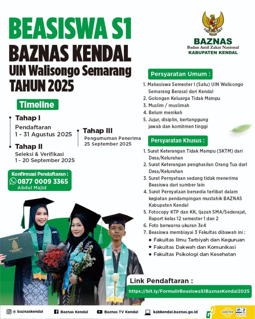 Beasiswa S1 untuk Maba UIN Walisongo Asal Kendal, Pendaftaran Hingga 31 Agustus 2025